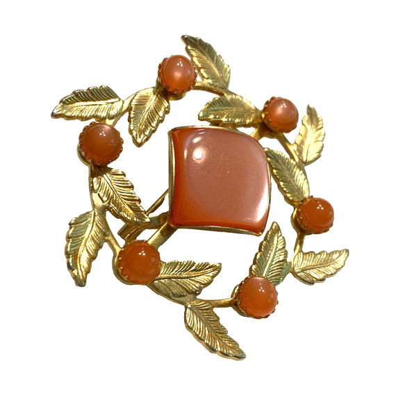 Vintage Mid Century Brooch Gold & Peach Moonglow Beads Floral Vines Wreath Pin - Picture 3 of 7